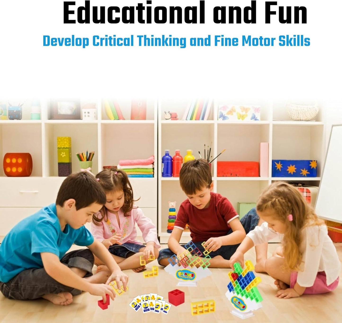 64 Pcs Tetra Tower Stack Game, Team Tower Tumble Giant Stacking Game, Balance Stacking Blocks Game for Kids Ages 6-12 & Adults, Family Party Board Games, Educational STEM Toys (2-4 Players)