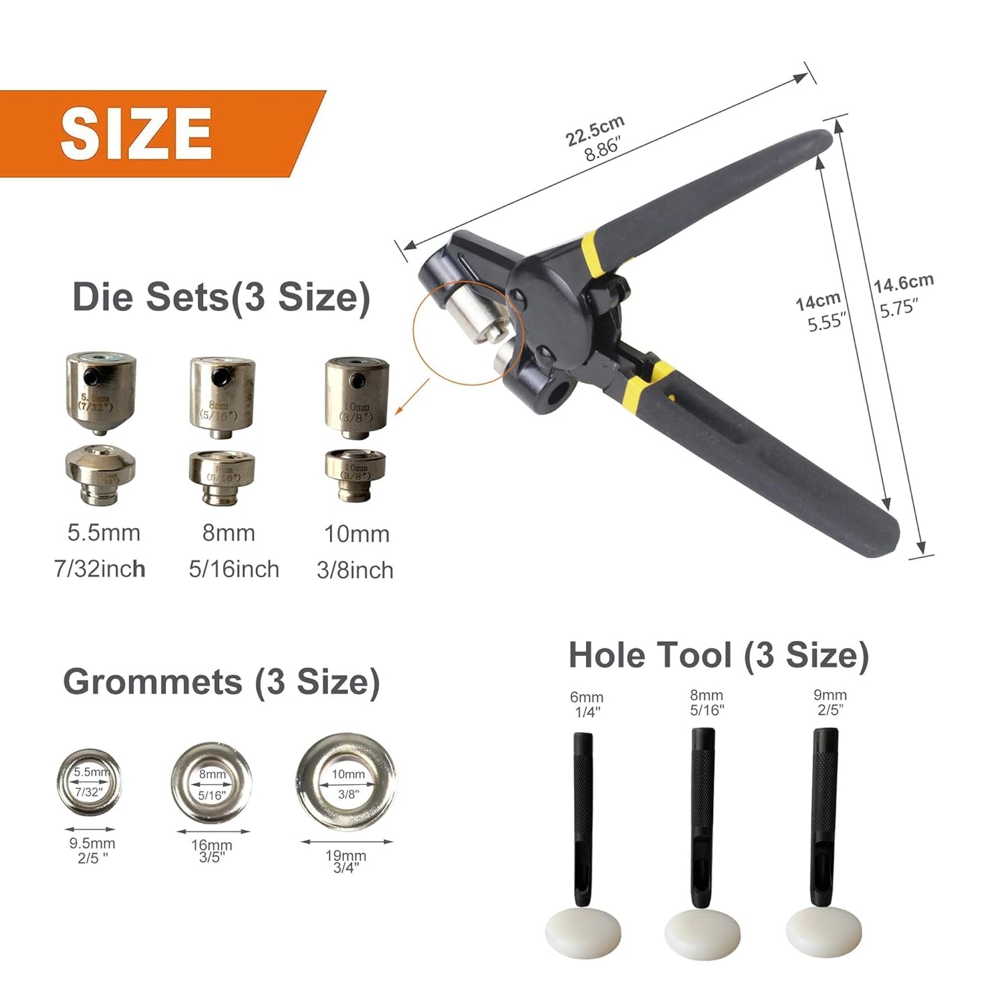Grommet Tool Kit, Eyelet Tool Multi-Purpose Handheld Manual Hole Punch Rivet Press Plier Crimper 3 Interchangeable Dies with 900 Set 7/32" 5/16" 3/8" Metal Grommets Washers
