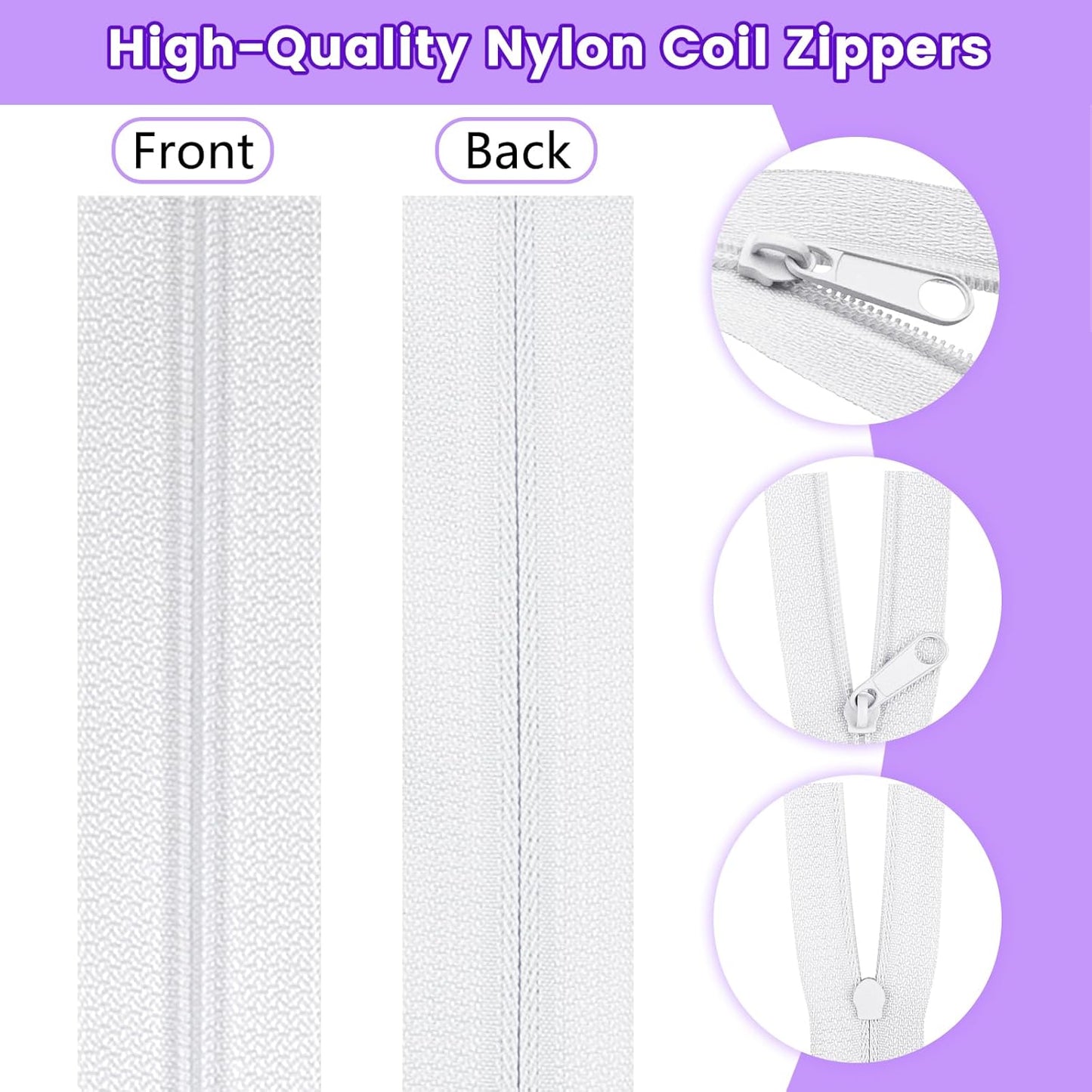DOITEM 15.3 Yards/ 14 m 5 Pieces Assorted Colors #3 Nylon Coil Zippers, Sewing Zippers Endless Zips with 20 Pieces Zipper Sliders Zip Heads for DIY Sewing Tailor Craft Supplies (Purple Blue White)