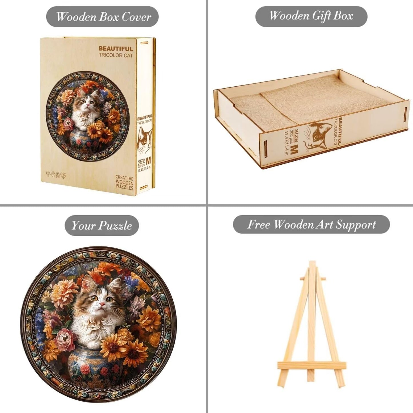 Wooden Puzzles Adults, Beautiful Tricolor Cat Wooden Puzzles 300 Pieces, Unique Animal Shaped Wood Challenging Jigsaw Puzzles Gifts for Adults, 13.4x13.4in