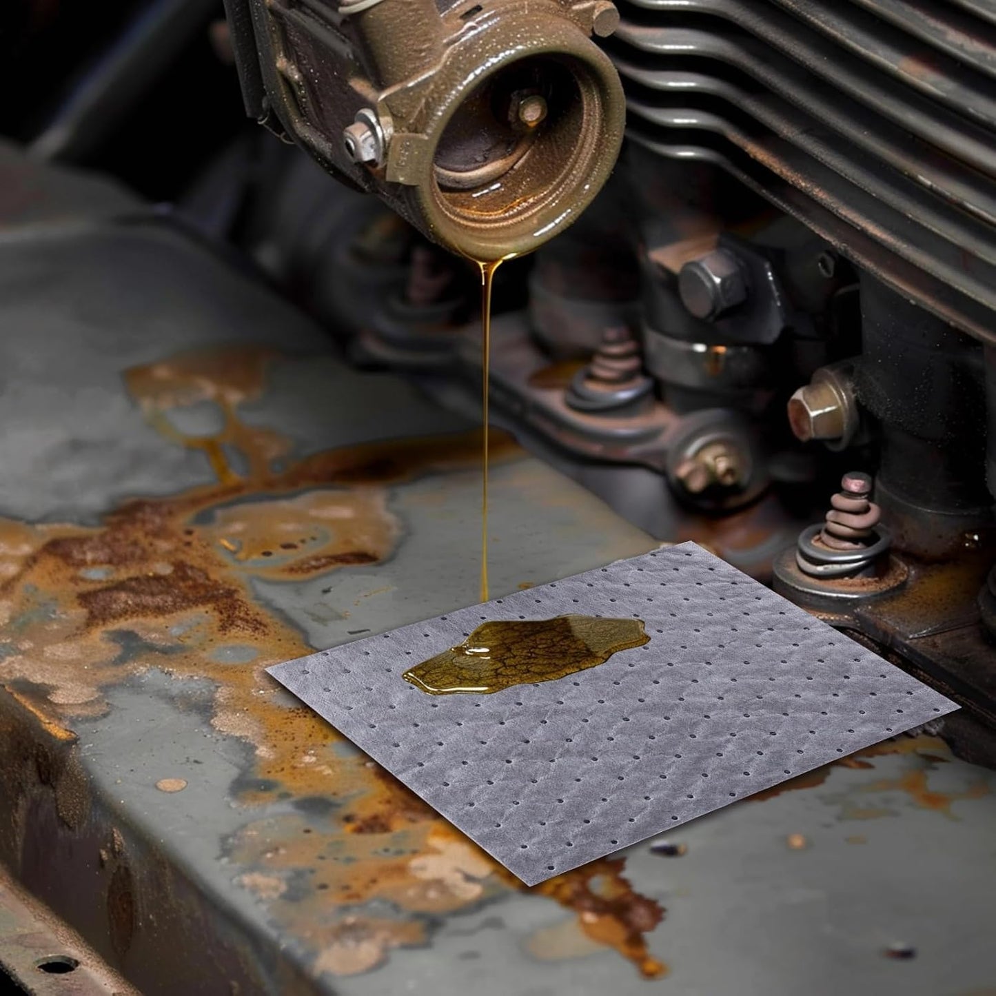 E-SDS Oil Absorbent Pads with Wall Hooks - 100-Pack (5x20) 13"x10" Reusable Liquid Spill Mats for Garage & Workshop - Super Absorbent Leak Control Pads (Grey, Boxed)