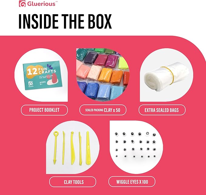 Air Dry Clay for Kids & Adults - Magic Modeling Clay Kit: 50 Vibrant Colors, 100 Googly Eyes, Soft & Safe Material - Creative Fun Arts and Crafts Set