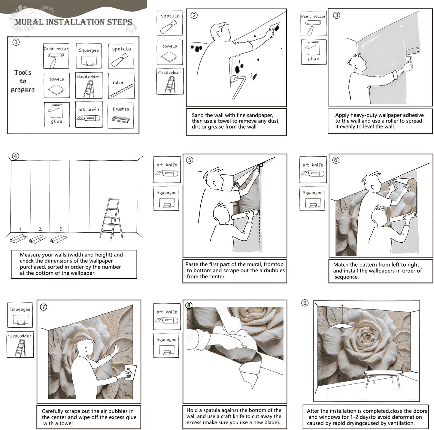 AFZEVEB-3D Rose Flower Wallpaper Large Floral Wall murals for Bedroom 136"x96"(Not Peel and Stick)