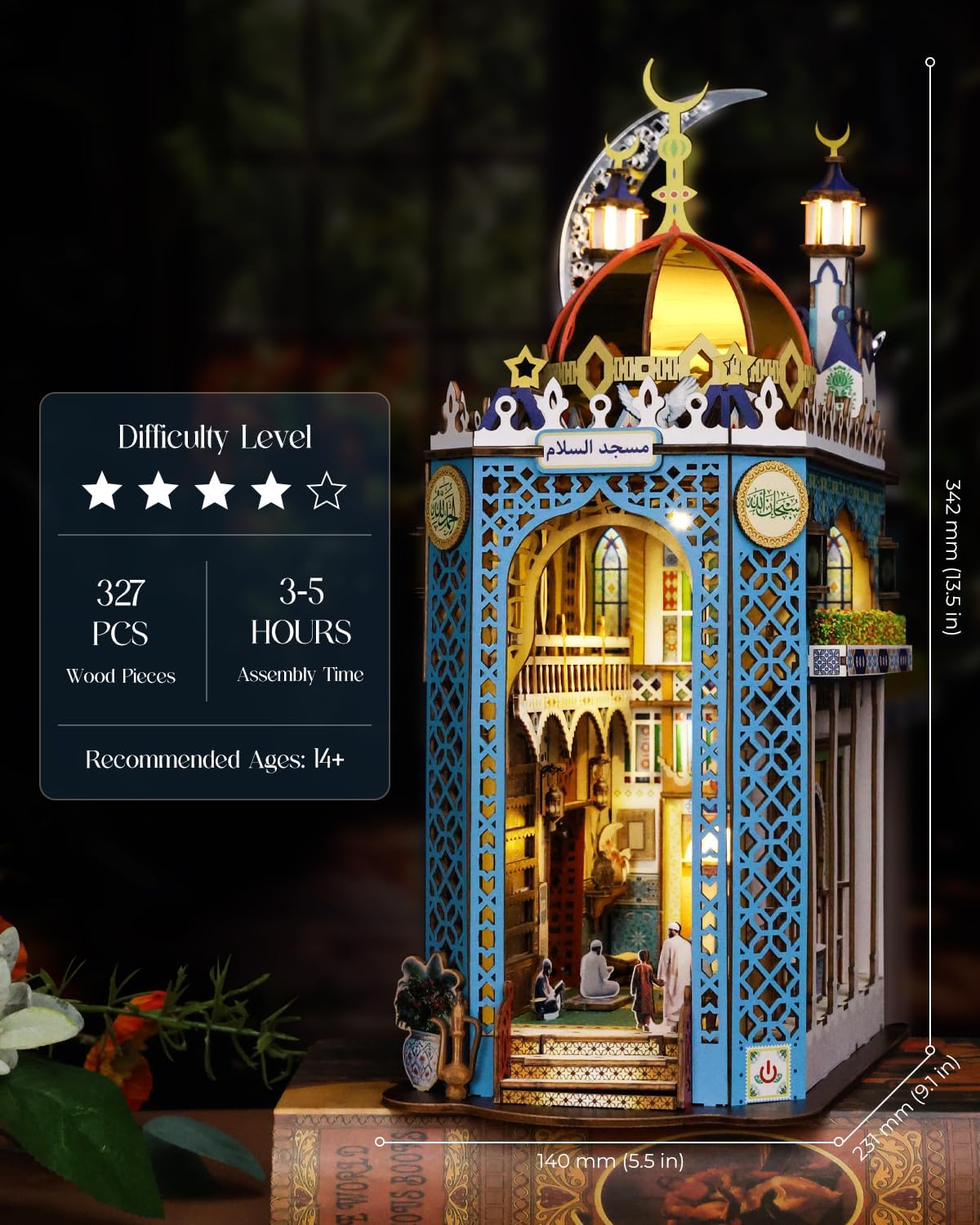DIY Book Nook Kit, 3D Wooden Puzzle Mosque Miniature Booknook Bookend Bookshelf Decor with LED Light, The Tiny House for Adults Teen, Dollhouse Kit (Mosque)