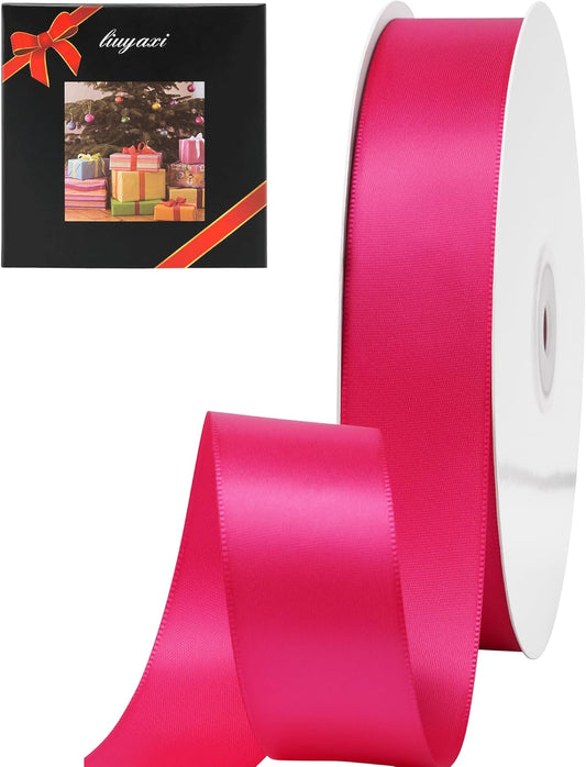 LIUYAXI Hot Pink Stain Ribbon, 1" X Continuous 50 Yards, Double Faced Fabric Ribbon Perfect for Gift Wrapping Wedding Birthday Party Chair Sash Christmas Hair Floral Craft Sewing