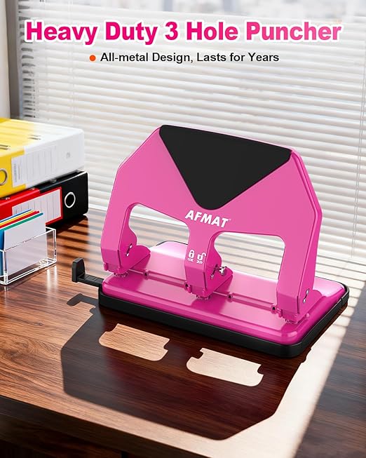 AFMAT 3 Hole Punch Heavy Duty, 50-Sheet Three Hole Punch, 50% Reduced Effort, 10,000+ Uses, 9/32" Holes, S.S. Paper Guide, 3 Hole Puncher for Binder, Metal Hole Puncher for Home Office School HP20
