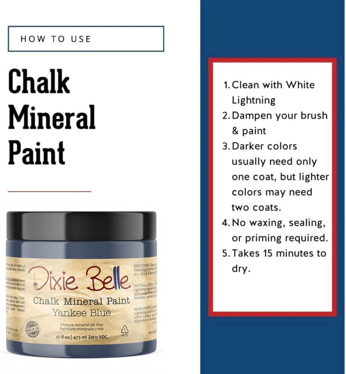 Dixie Belle Paint Company Chalk Finish Furniture Paint - Yankee Blue (16oz) - Matte Cool Navy Chic Chalk Mineral DIY Furniture Paint