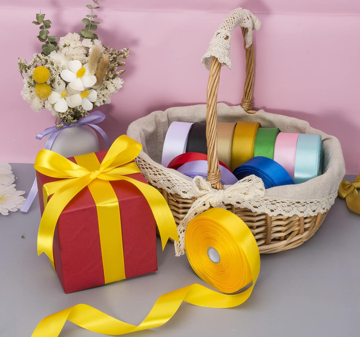 1 Inch Yellow Solid Satin Ribbon, 50 Yards Craft Fabric Ribbon for Gift Wrapping Floral Bouquets Wedding Party Decoration