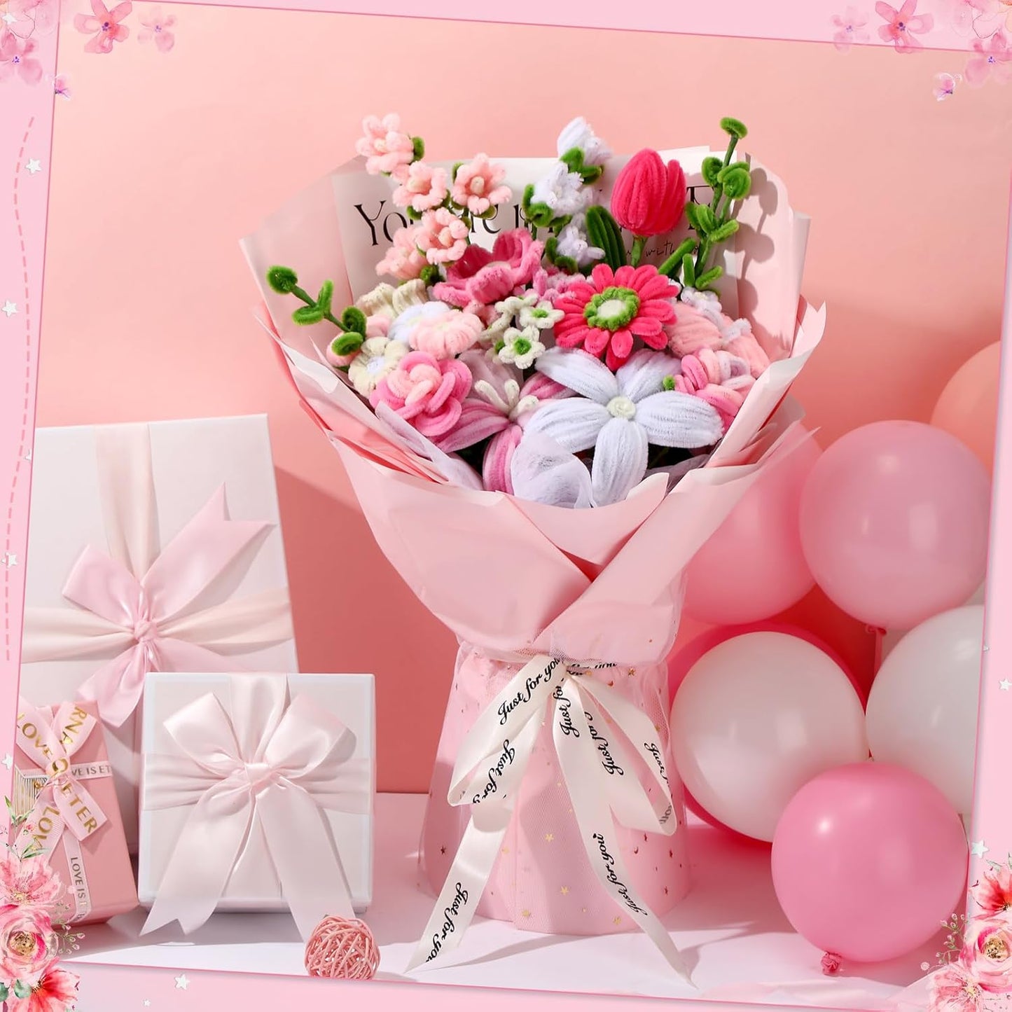 DaisyInner 700 Pcs Halloween Fall Pipe Cleaners Craft Bulk Pastel Chenille Stems Flower DIY Gradient Colored Fluffy for School Classroom Thanksgiving Christmas Party Supplies(Pink Theme)