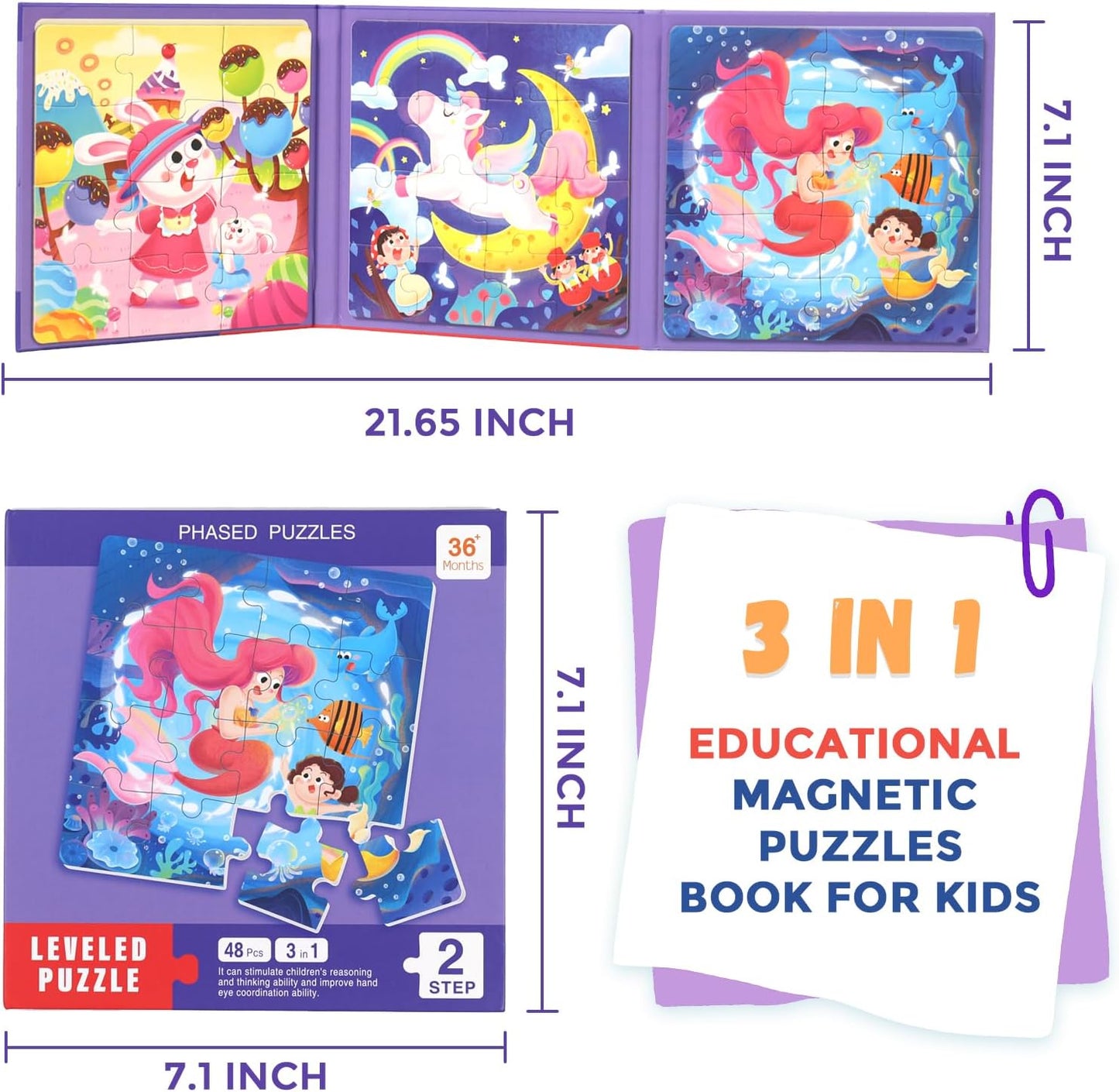 Magnetic Puzzles for Toddlers 1-3, Cartoon Mermaid Magnet 3 in 1 Jigsaw Puzzle, Kids Travel Puzzles Toys, Preschool Learning Toy for Kids 1-8 Year (Mermaid)