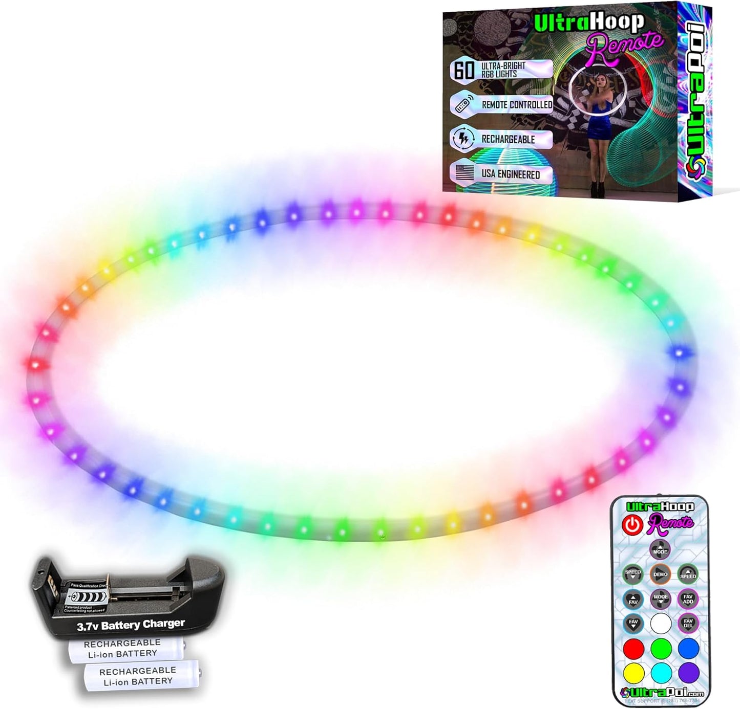 UltraHoop Remote LED Hoop - Wireless Control 60 Color Changing LED Lights w/ 300+ Modes & Patterns - Rechargeable Battery, HDPE Collapsible, Advanced to Beginner Hoola Hoops - 32” x 3/4" OD - UltraPoi