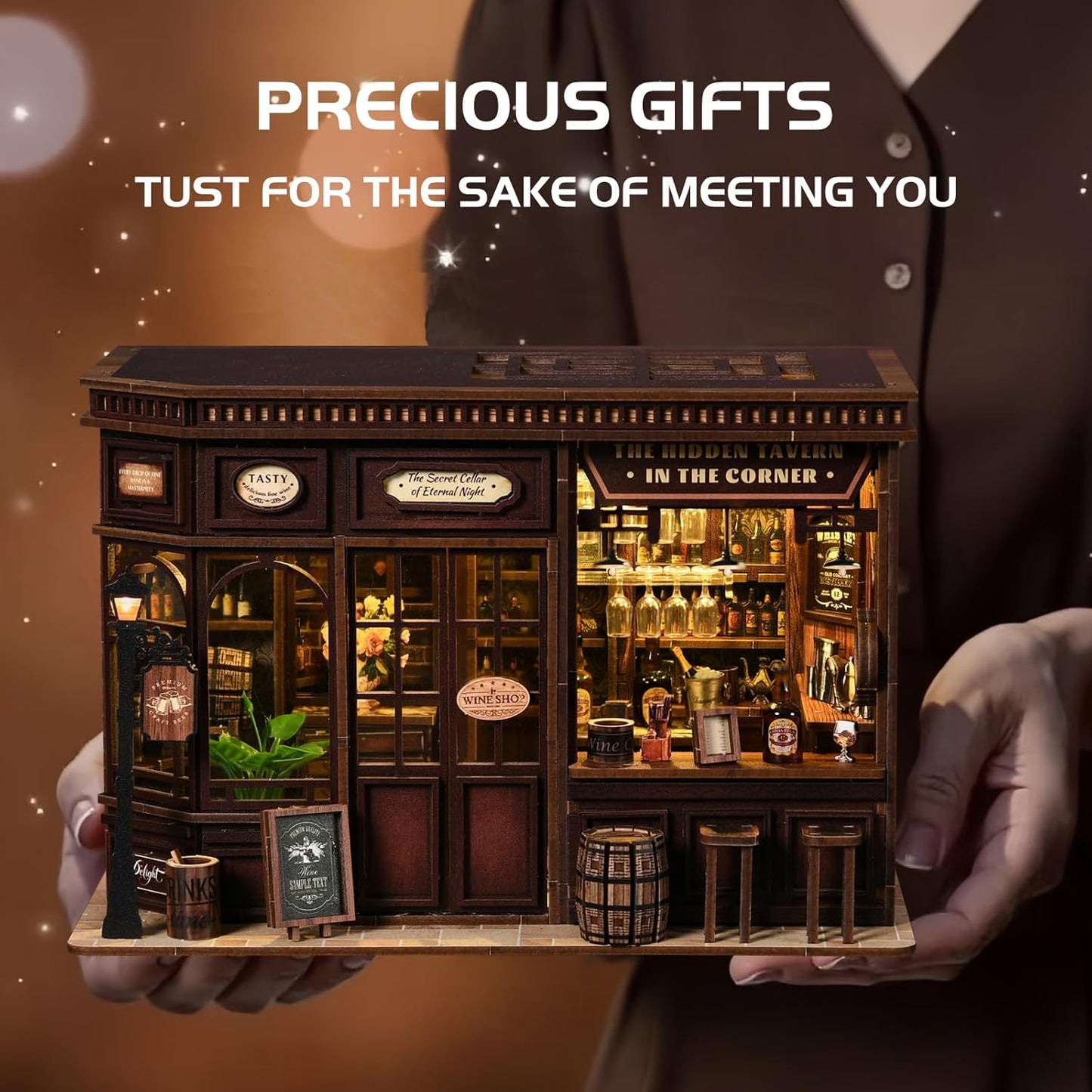 Book Nook Kit - DIY Miniature Dolls House Kit with Furniture and LED Light, 3D Puzzle Wooden Art Bookends, Model Kits for for Adults and Teens (Corner Tavern)