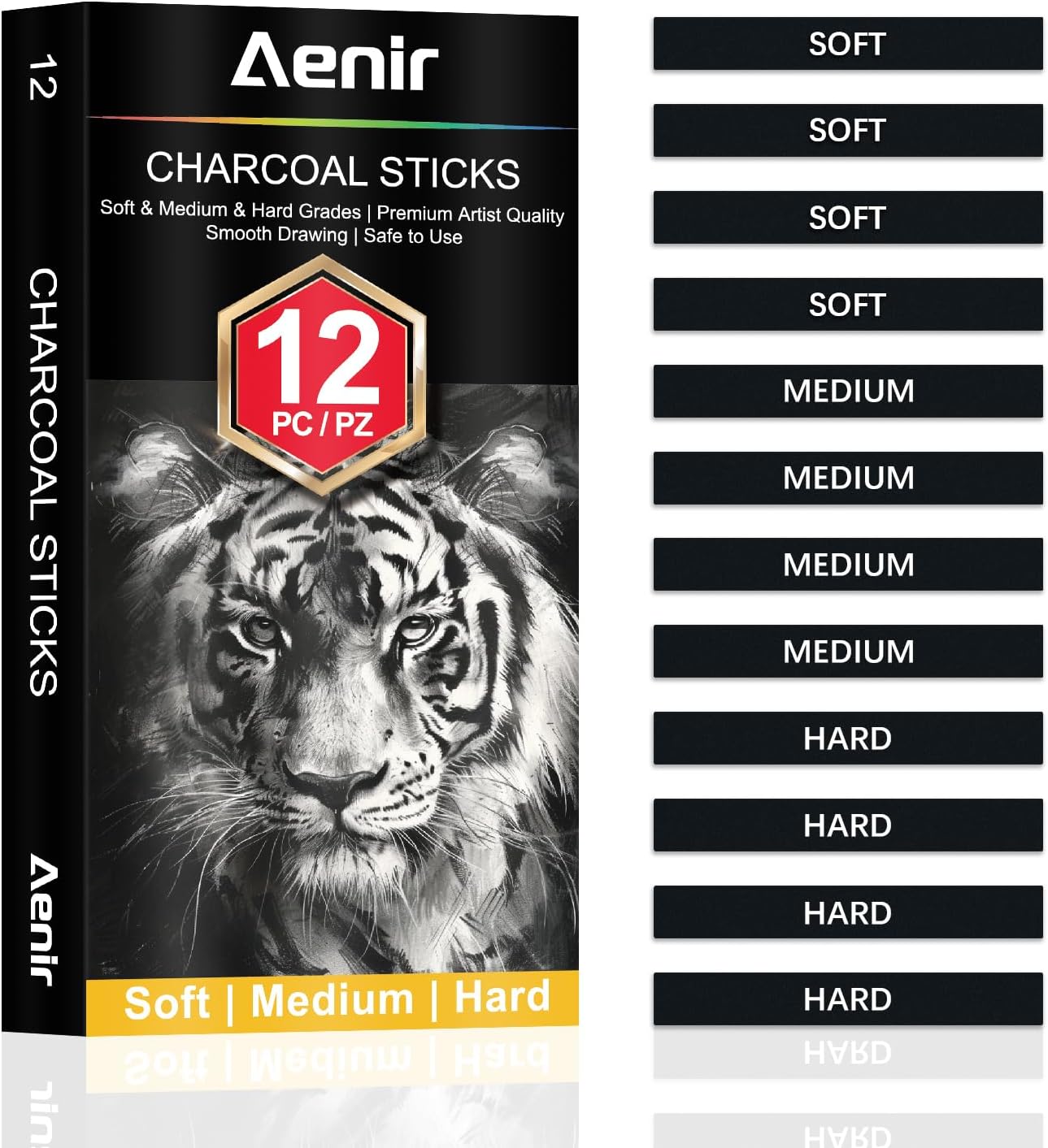 Compressed Charcoal Sticks Set of 12 – Soft, Medium, Hard Charcoal for Drawing, Sketching & Shading – Art Supplies for Artists, Beginners & Adults