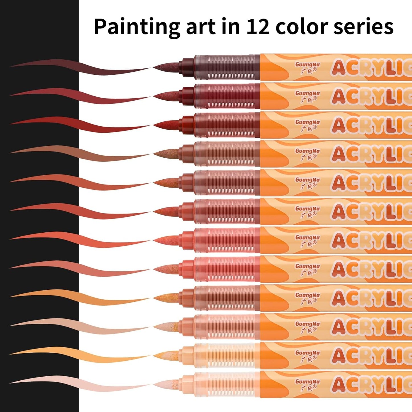 Guangna Acrylic Paint Markers 12 Colors, Skin Tone Series Set with Soft Brush Tip Water Based, Fine Tip Markers for Wood, Canvas, Rock Painting, Glass, Diy Crafts, Fabric Paint