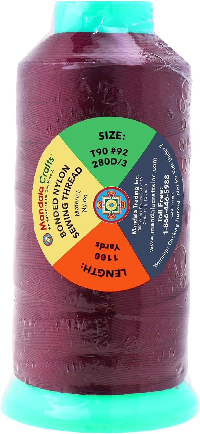 Mandala Crafts Bonded Nylon Thread Burgundy Heavy Duty Sewing Threads - 1100 YDs Size 92 280D T90 Tex 90 Thread for Leather Jeans Weaving Outdoor Marine Upholstery Threads