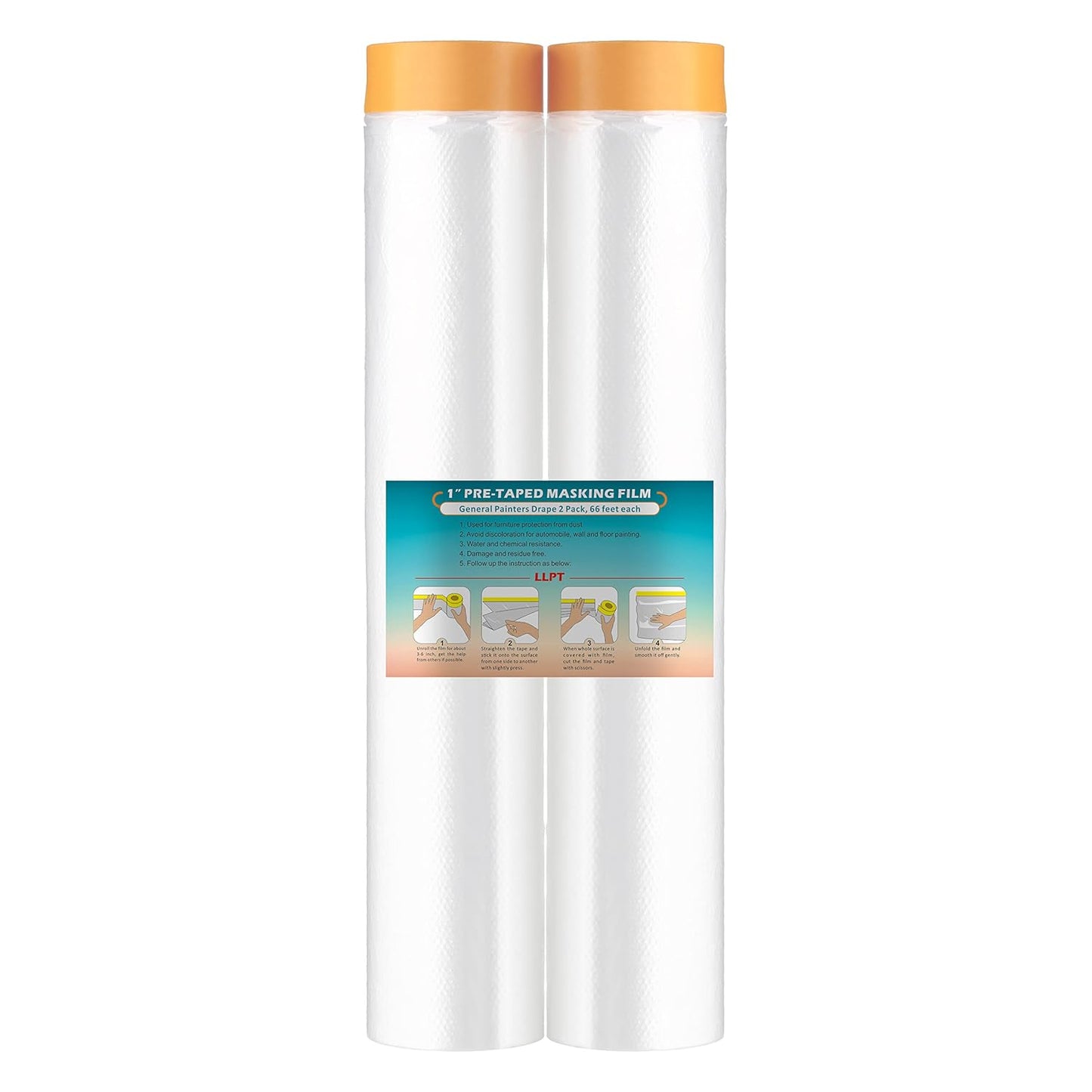 LLPT Tape and Drape 157.5”(Unfolded) x 66 Ft Each 2 Pack Pre-Taped Masking Film 0.27 Mil Painters Plastic Drop Cloth for Auto Wall Furniture Painting Protection (MFT4002)