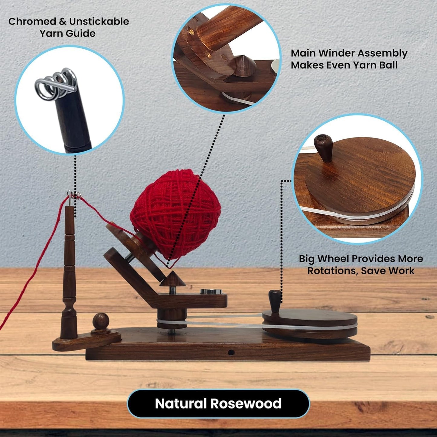 Yarn Winder – Large Handcrafted Wooden Ball Winder for Knitting, Crocheting & Weaving – Heavy-Duty Natural Rosewood Yarn Winder for 8-12 oz Yarn Cakes