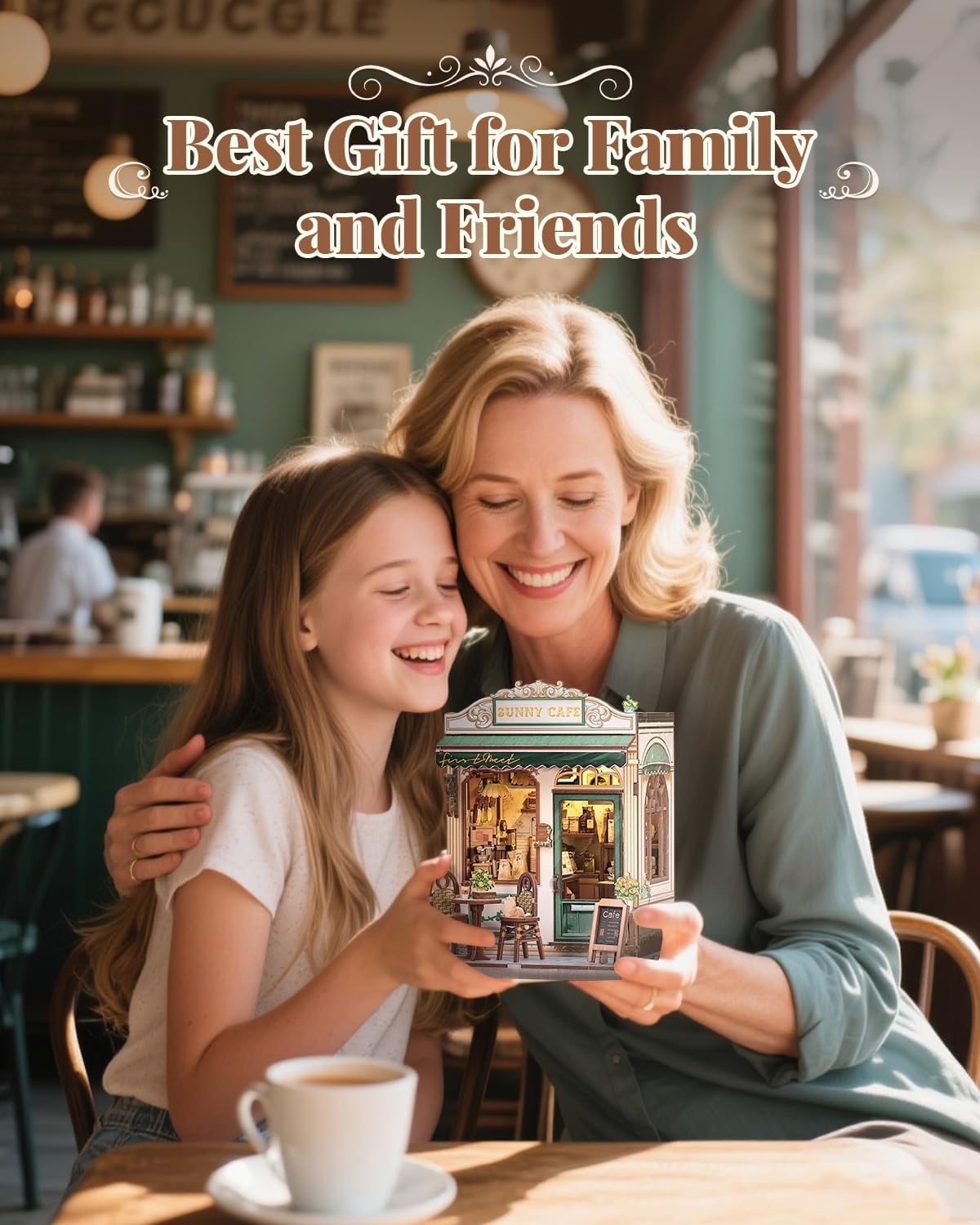 CUTEBEE Book Nook Kit - DIY Miniature House Dollhouse Kit for Adult and Teens, Booknook Bookshelf Decor Alley Model Build with LED Light, Gifts for Family and Friends (Sunny Cafe)