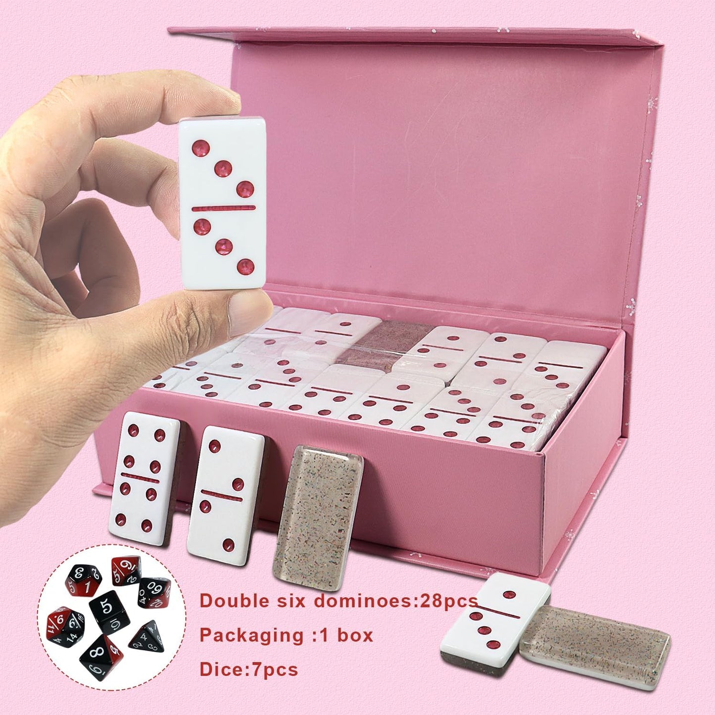 IDTQ Dominoes Set for Adults, Double 6 Dominos Game Set with 28 Domino Tiles Double with Upscale Gift Boxes -7 Polyhedral Dice -Classic Board Games (Light Brown)
