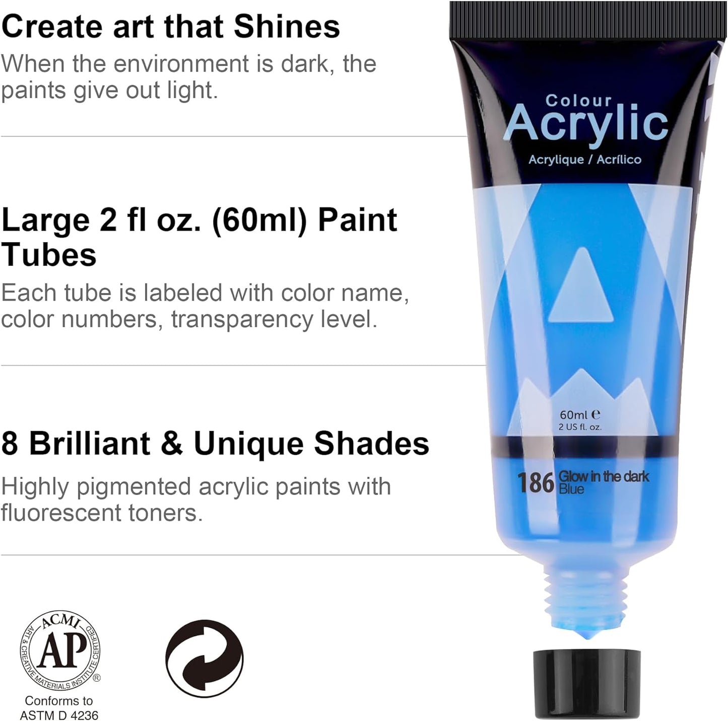 AUREUO Glow in the Dark Acrylic Paint, 8 Colors x 2 Fl Oz / 60ml Neon UV Black Light Paints for Halloween, Rocks, Wood, Craft, Canvas, Paint Party Supplies