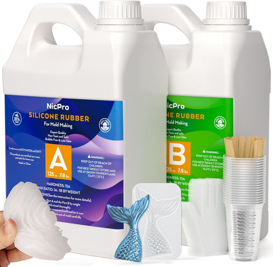 Nicpro 250oz Silicone Mold Making Kit, 15A Platinum Liquid Silicone Rubber, Flexible Silicone Molds Maker Mix Ratio 1:1 for Casting 3D Resins Candle Soap Molds DIY with Gloves, Sticks, Mixing Cups