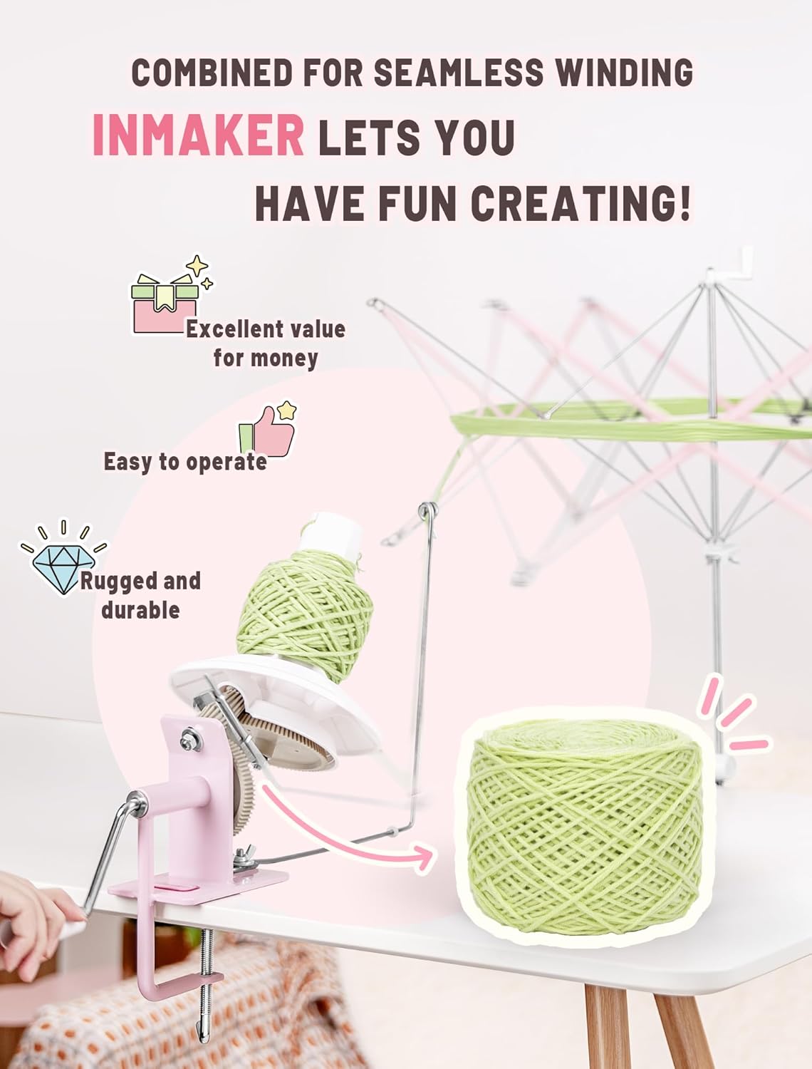 INMAKER Yarn Winder and Swift, 10oz Yarn Ball Winder Large Capacity for Crocheting, Yarn Spinner for Yarn Cake Maker