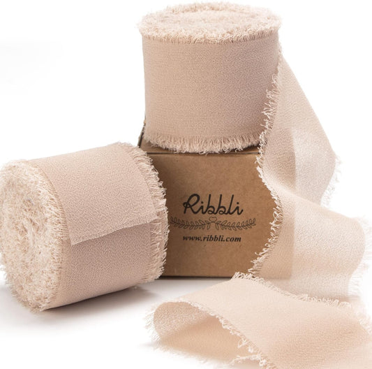 Ribbli Beige Chiffon Ribbon 1-1/2 inch x 20 Yard Handmade Fringe Silk Ribbon for Wedding Invitations, Bridal Bouquets Wrapping, Flower Arrangement Decoration