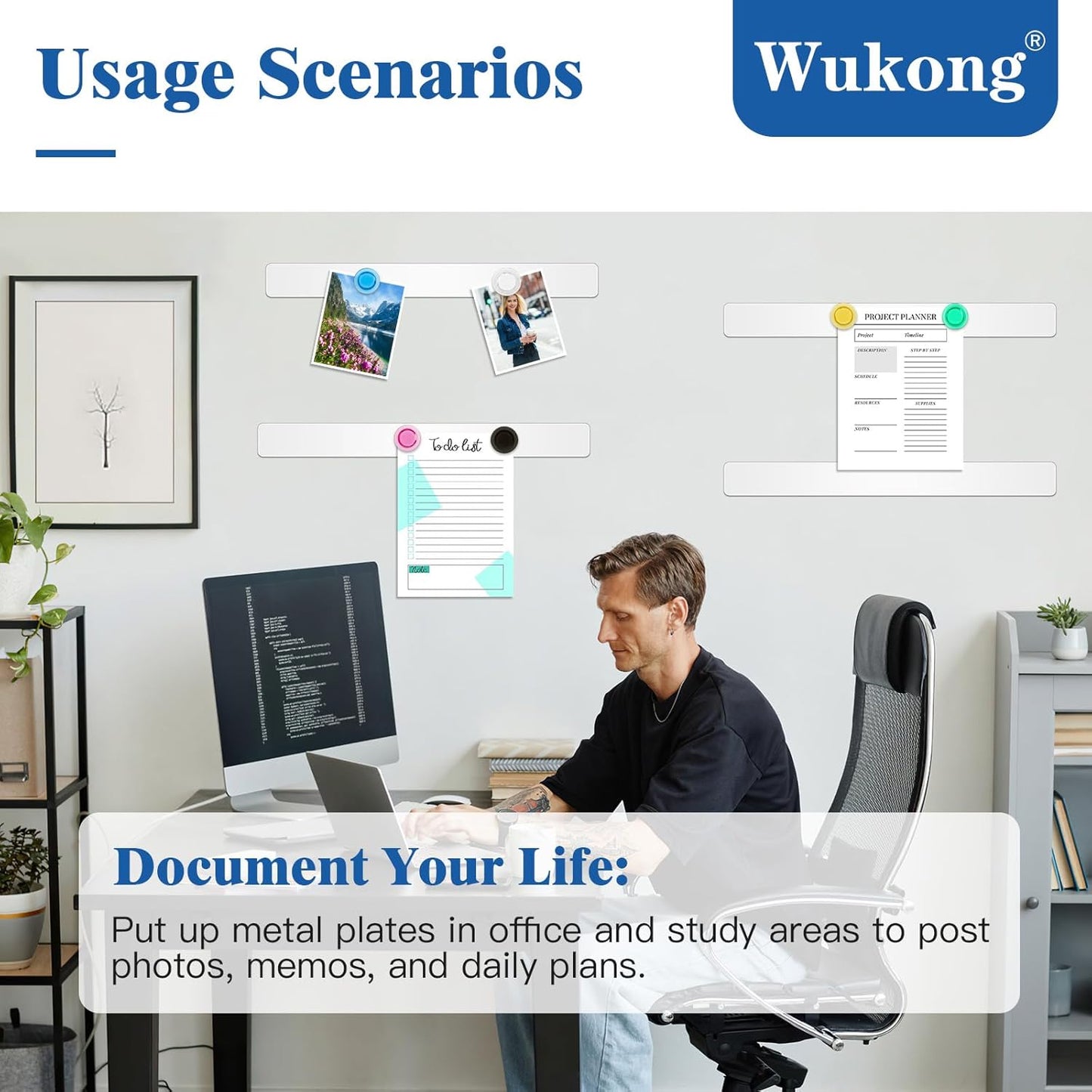 Wukong 6 Pack | 30x3cm(11.81 x 1.18) Magnetic Stainless White Boards Strips, Adhesive Backing Bulletin Bar Board, Memo Board with 16Pcs Colorful Magnets for Office, Home, Photo Wall, Documents