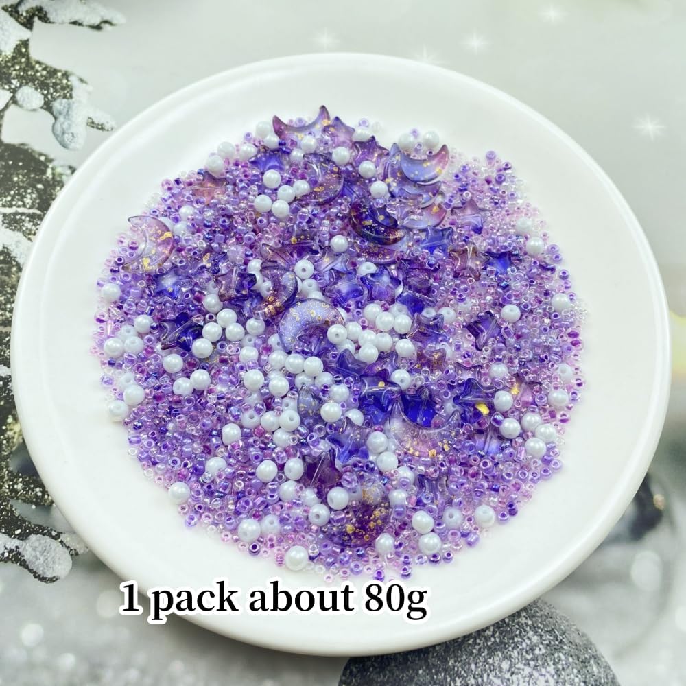 Assorted Glass Beads for Jewelry Making Multi Size Colors Glass Star Moon Seed Pearl Spacer Beads for Bracelets Necklace Earring Making(White Light Purple)