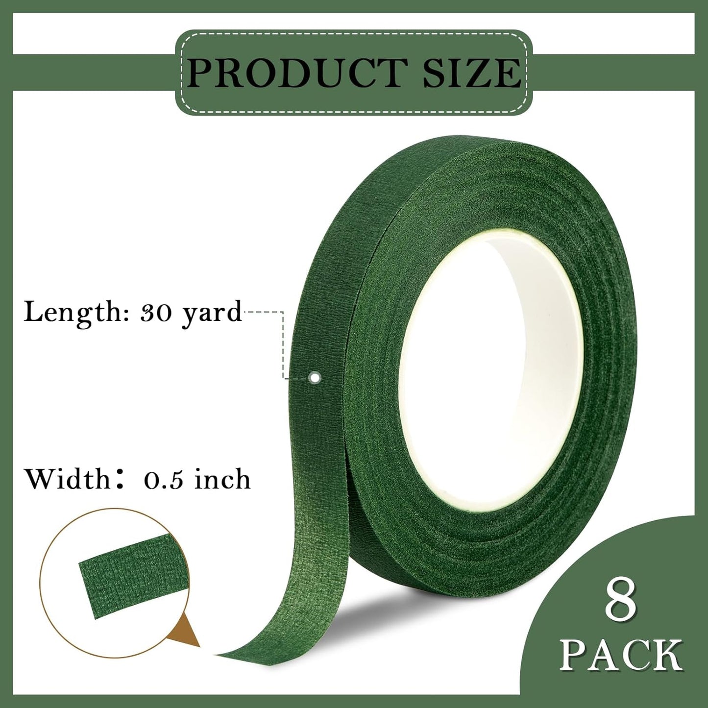 8 Rolls Floral Tape, 1/2" Wide Flower Tape, Dark Green Floral Tape for Fresh Flowers, Adhesive Florist Tape for Floral Crafts, Bouquet Floral Arranging Stem Wrapping, Wedding Bouquet, 30Yard