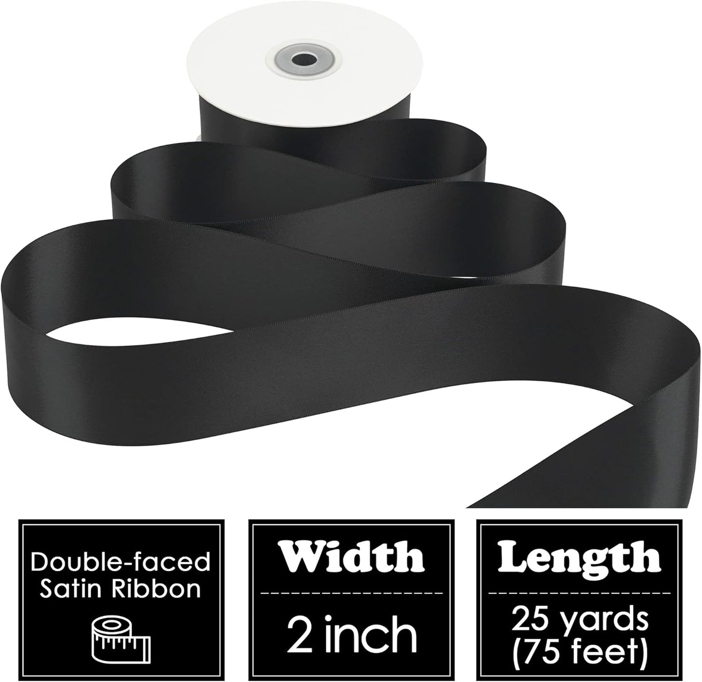 HUIHUANG Black Ribbon 2 inch Double Face Satin Ribbon Black Fabric Ribbon for Crafts, Gift Wrapping, Gift Basket Decor, Flower Bouquet Wrap, Wedding Bridal Shower Decor, Hair Bows -25 Yards/Roll