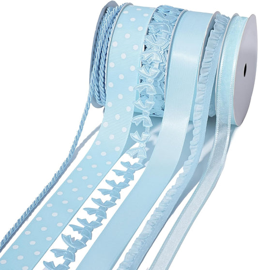 LaRibbons Light Blue Ribbons for Crafts 6 Rolls 28.5 Yards TTL Thin Ribbon for Baby Shower Sewing Gift Wrapping Home Decor