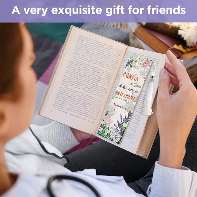 8 Pieces Christian Bible Verse Diamond Art Bookmarks 5d Christian Beaded Bookmark Acrylic Tassel Bookmark for DIY Making Beginners Kids Adults Arts Craft Supplies (Spanish)
