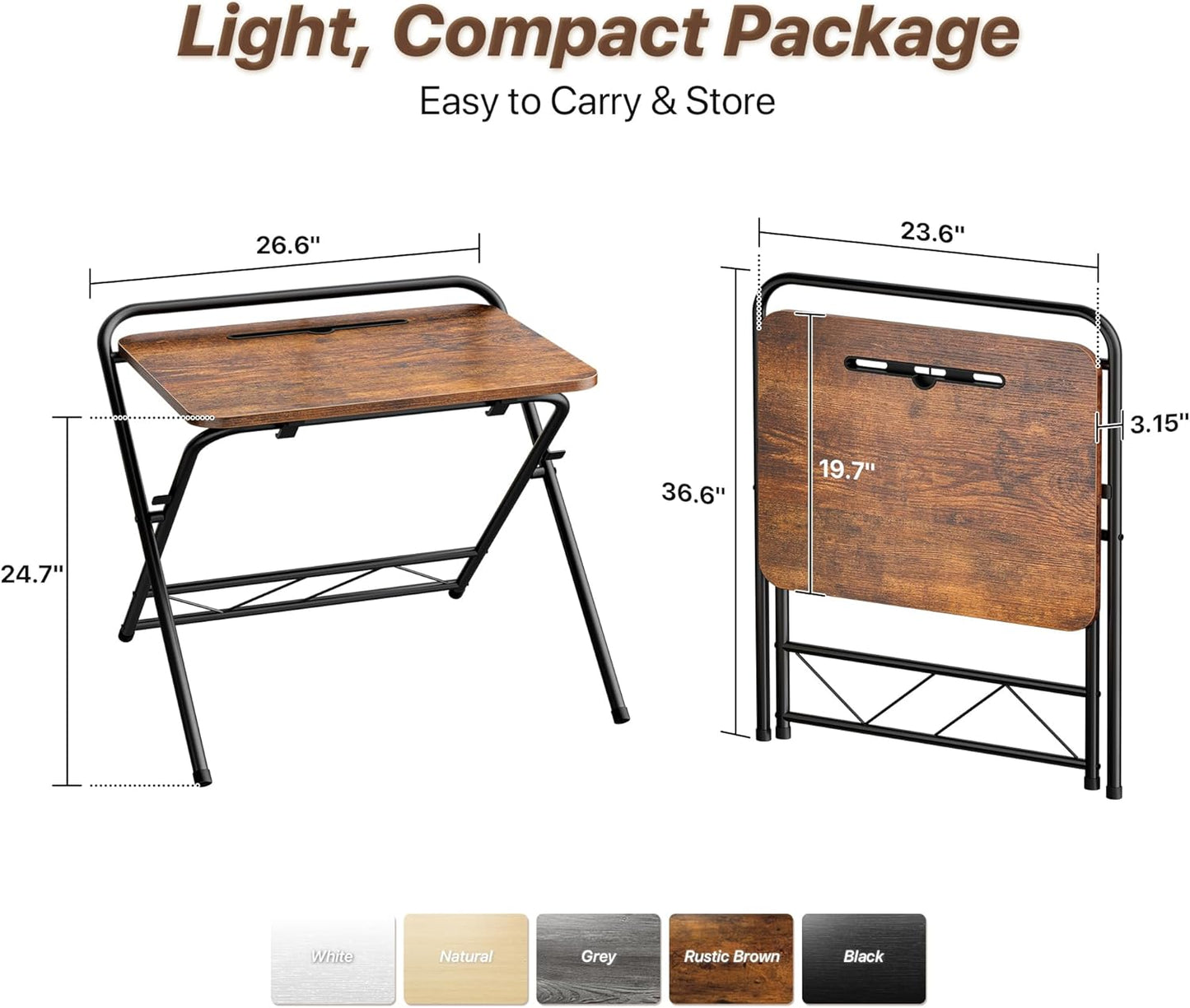 Huuger Folding Desk with 3-Level Adjustable Height and Tablet Slot, 24 Inch Foldable Computer Desk for Small Spaces, Space Saving, Writing Work Table for Home Office, Bedroom, Study, Rustic Brown