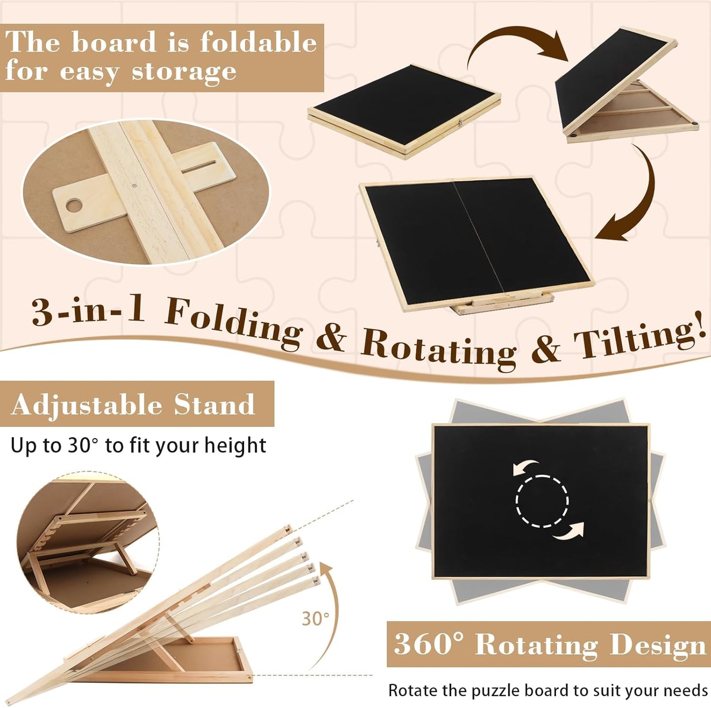 Ancaixin Foldable Puzzle Board 1500 Pieces, Rotating & Tilting Jigsaw Puzzle Board with 4 Non-Woven Drawers, 26x35.8'' Wooden Puzzle Table, Portable Board GameTable for Adults, Birthday Gift for Mom