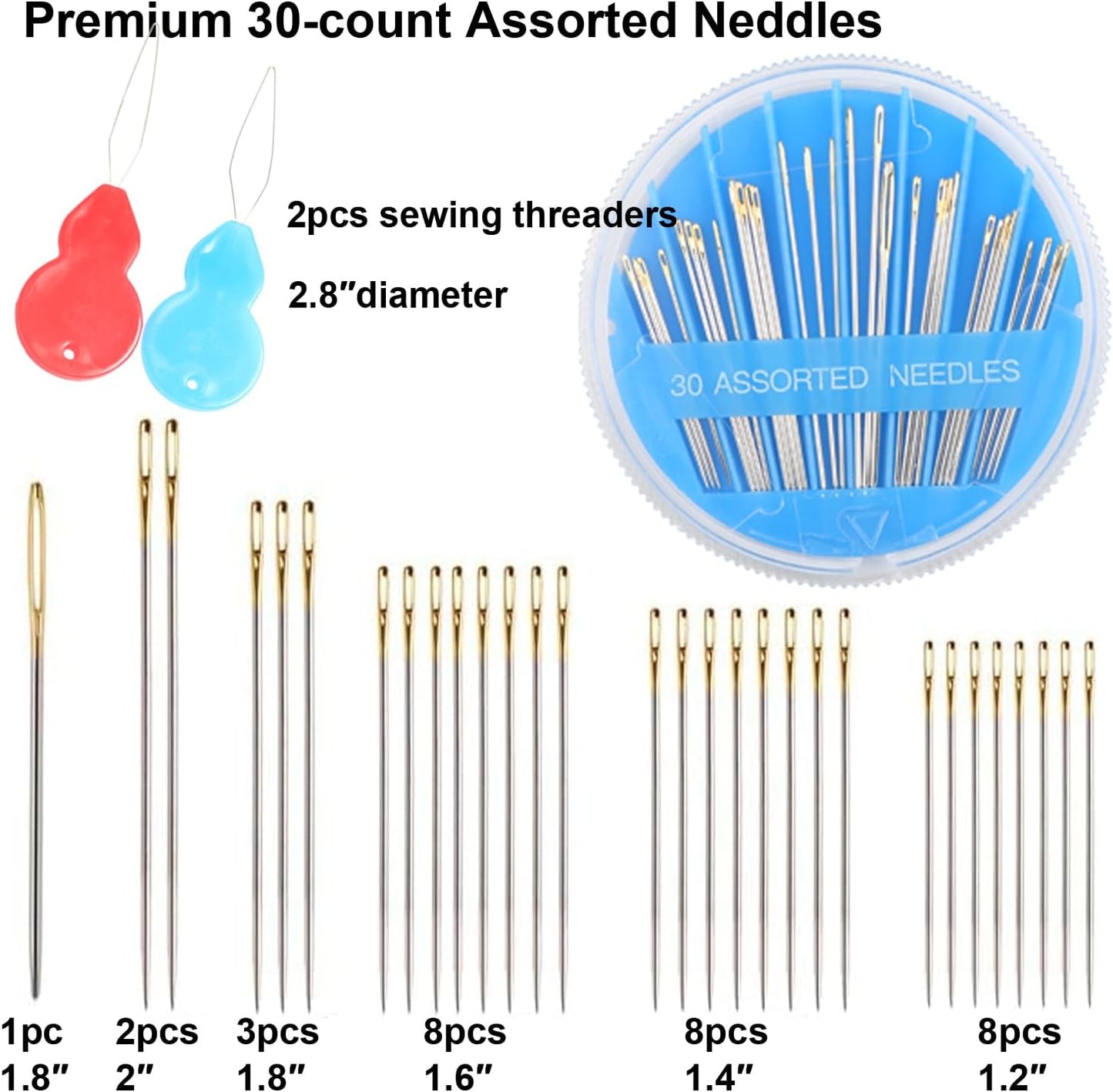Eketirry 120pcs Premium Hand Sewing Needles，4 Pack 30-Count Assorted Needles for Sewing Repair, 6 Different Sizes Sewing Needles with 2 Threaders (Blue& Black,2)