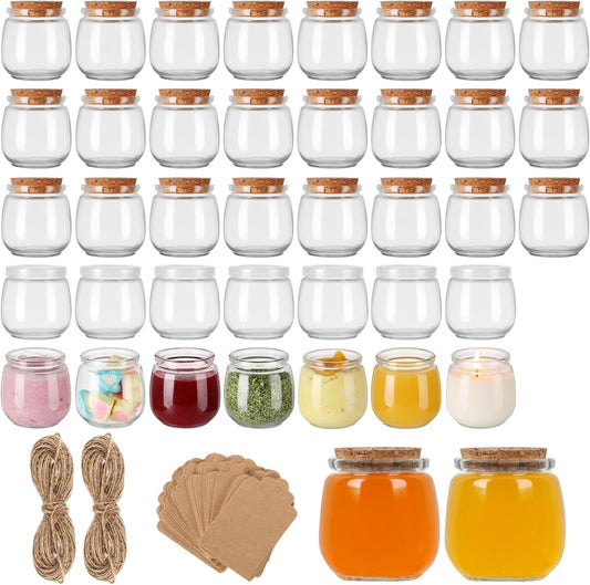 7oz Glass Jars with Cork & PE Lids 40Pack, Small Glass Pudding Jar for Wedding Favors, Milk, Jams and DIY Gift, Yogurt Jars with Tags and Twine Included