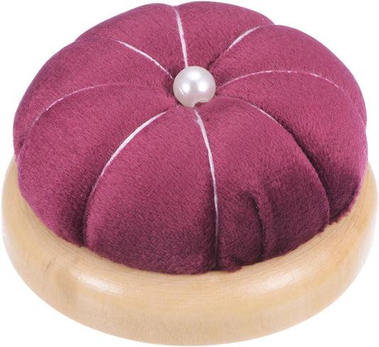 HARFINGTON Wooden Base Pin Cushion Japanese Style Cute Needle Holder Pincushions Round for Sewing Quilting Needlework DIY Crafts, Dark Red