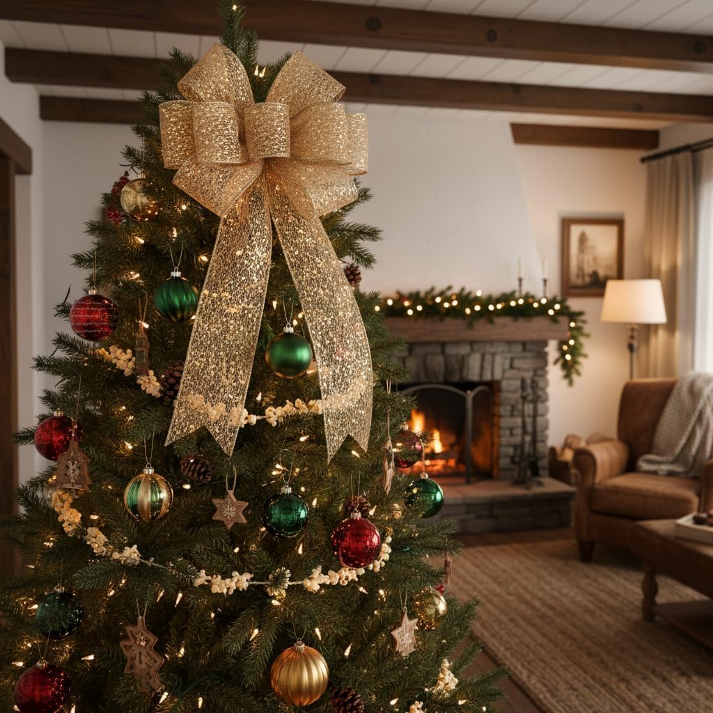 CT CRAFT LLC Sparkling Glitter Mesh Wired Ribbon 6" x 10 Yards Champagne Gold for Christmas Home Decor Bow Gift Wrapping DIY Crafts Wreath