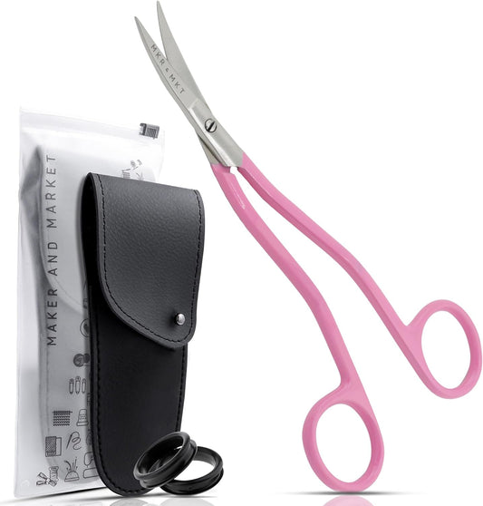 Applique Long Thin Needlepoint Blade 6.1 Inch - Double Bent Curved Offset Handle Scissors with Pouch Sleeve for Embroidery, Fabric, Thread, Knitting, Sewing, Arts & Craft (Pink)