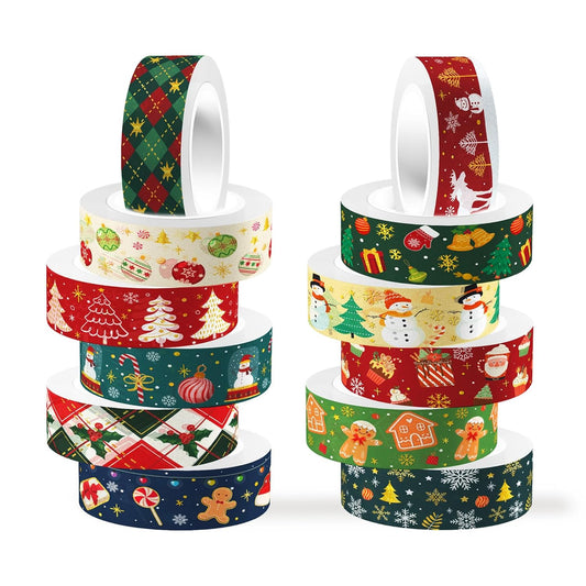 12 Rolls Christmas Washi Tapes Christmas Tree Snowman Snowflakes Gingerbread Man Masking Tape Red Green Gold Foil Xmas Decorative Tape for Xmas Scrapbook Journal Gift Wrapping DIY Crafts 16.4FT