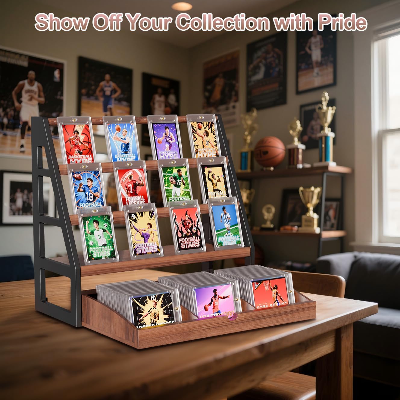 handrong Card Display Stand,3-Tier Trading Card Display with Drawer,Wooden Graded Baseball Sports Cards Holder,Greeting Cards Stand for Collection,Vendor & Show (Brown)