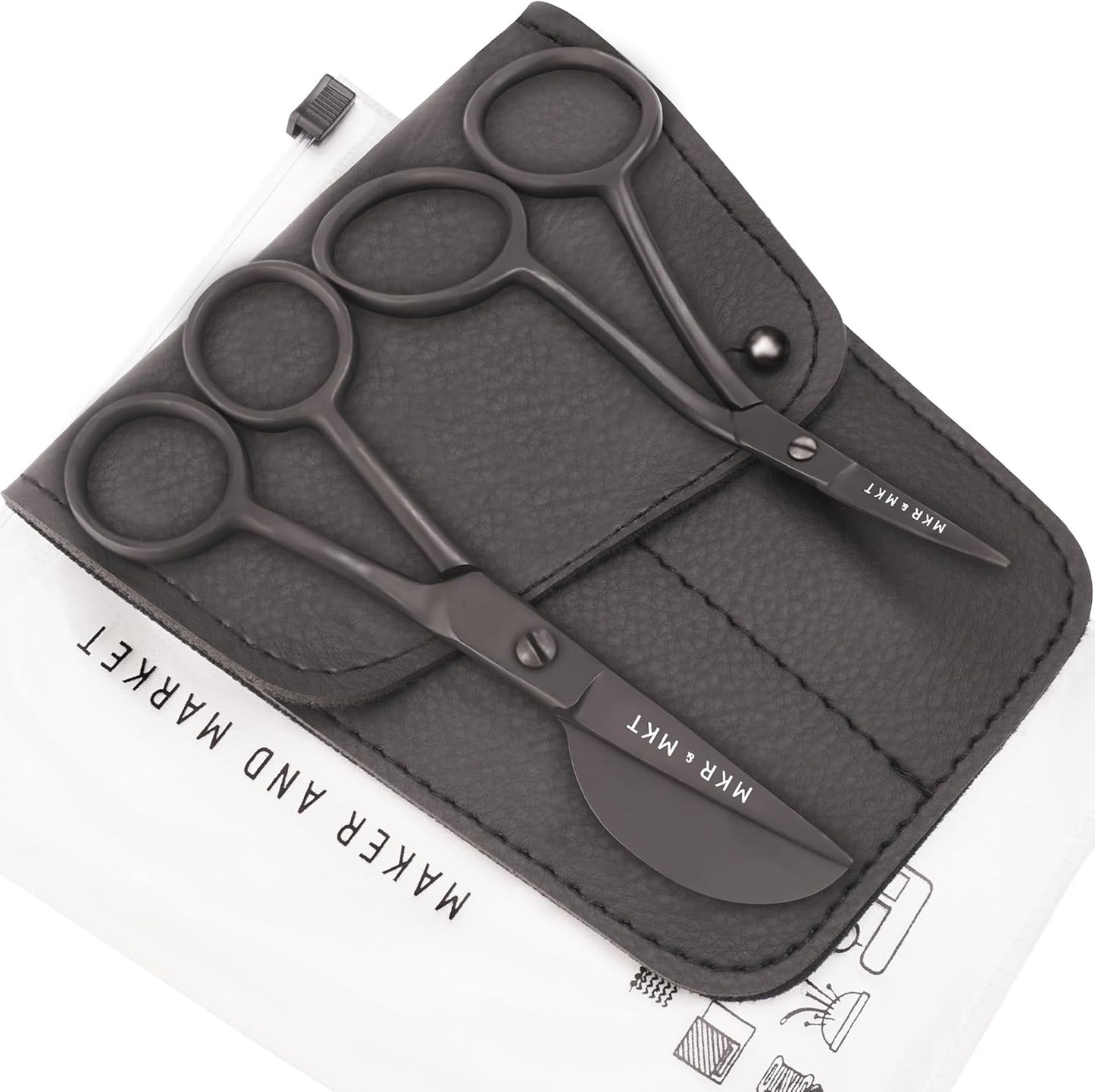 Small Embroidery 4.5 Inch Scissors Set of 2 Kit - Mini Double Bend Offset Duckbill and Double Bend Long Applique Needlepoint Blade with Pouch Sleeve (Black)