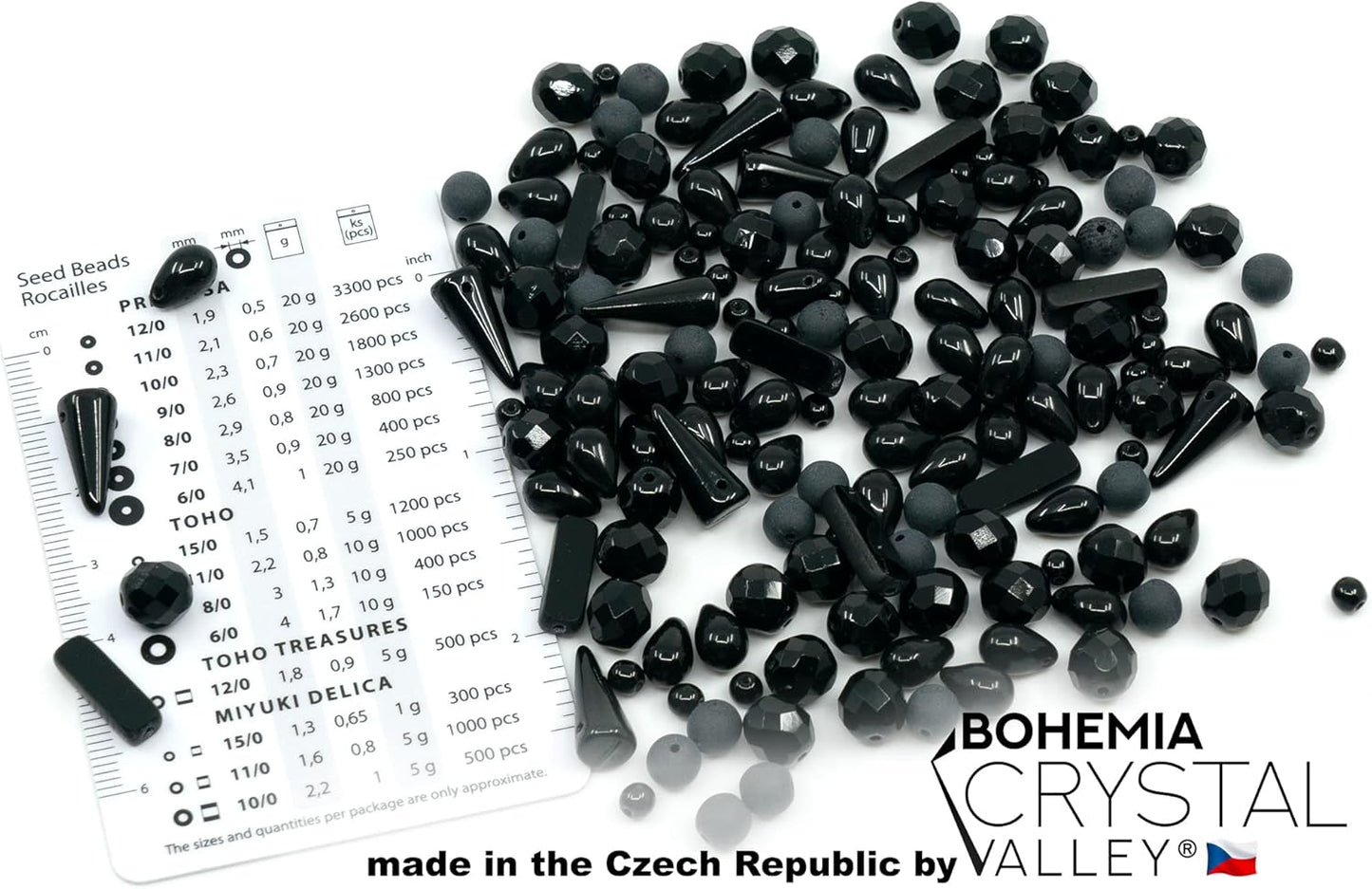 2.1oz (60g) of Glass Bead Mix with Drops, Table-Cut and fire Polish Czech Beads, Glossy & Matte Black