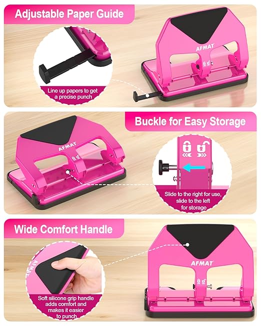 AFMAT 3 Hole Punch Heavy Duty, 50-Sheet Three Hole Punch, 50% Reduced Effort, 10,000+ Uses, 9/32" Holes, S.S. Paper Guide, 3 Hole Puncher for Binder, Metal Hole Puncher for Home Office School HP20