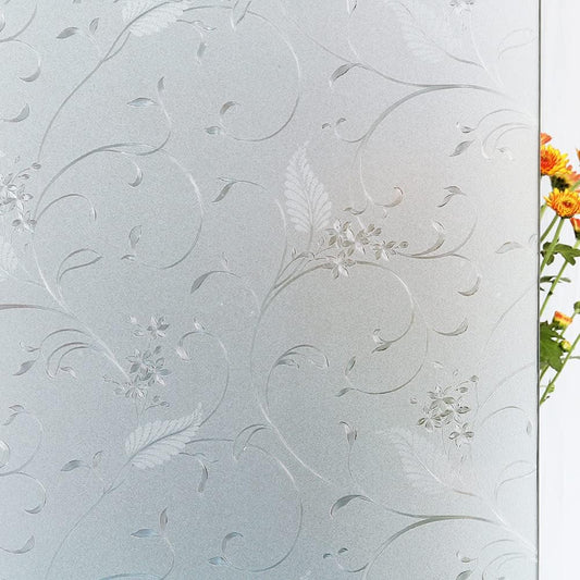 Mikomer Privacy Window Film Etched Flowers Static Cling Glass Door Film, Non Adhesive Heat Control Anti UV Window Cling for Office and Home Decoration,23.6 inches by 118 inches