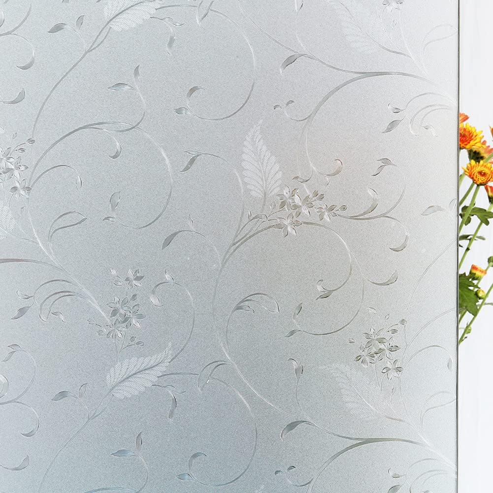 Mikomer Privacy Window Film Etched Flowers Static Cling Glass Door Film, Non Adhesive Heat Control Anti UV Window Cling for Office and Home Decoration,35 inches by 118 inches