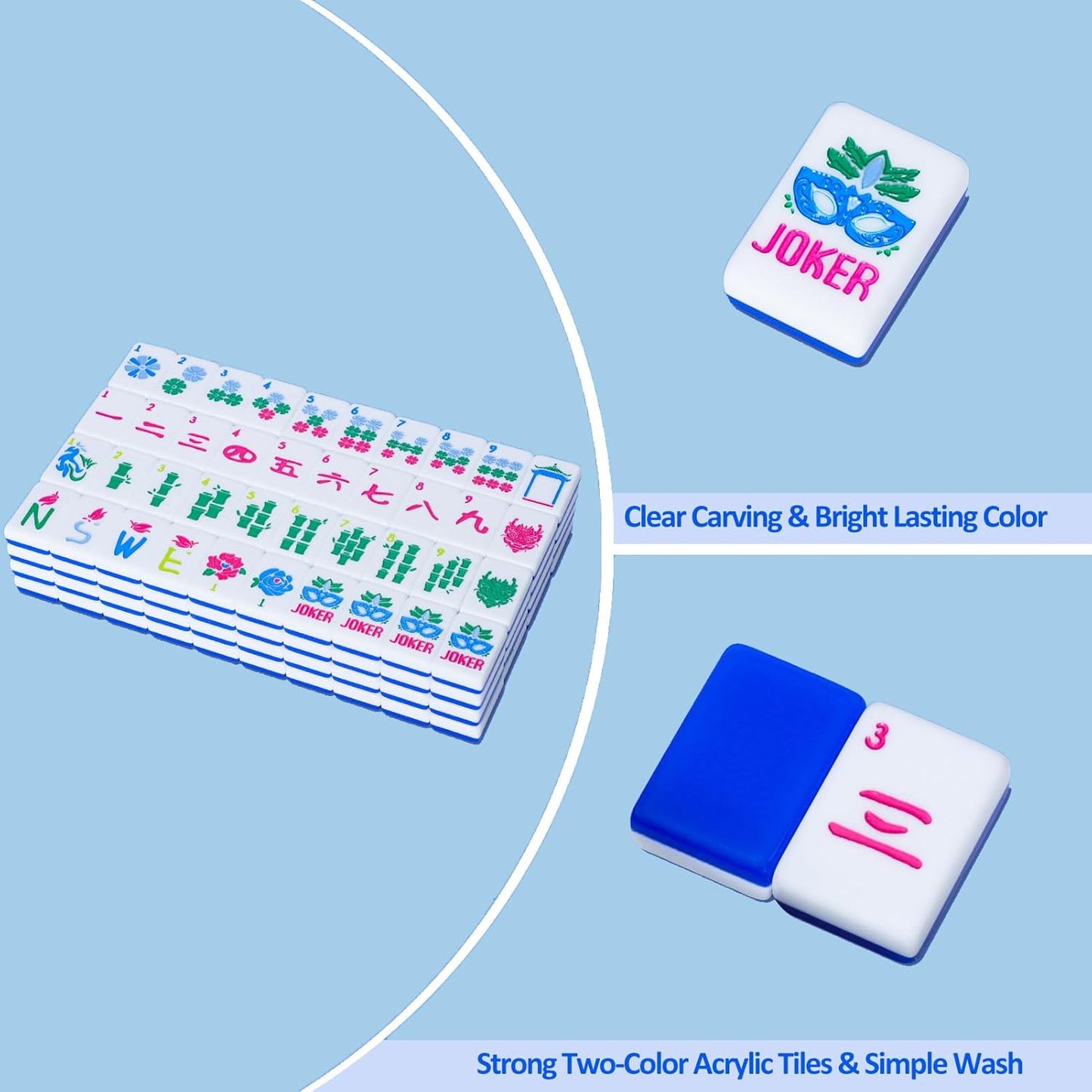 American Mahjong Tile Set(Blue) with Carrying Bag and Accessories, 160 Acrylic Engraved Mahjong Tiles
