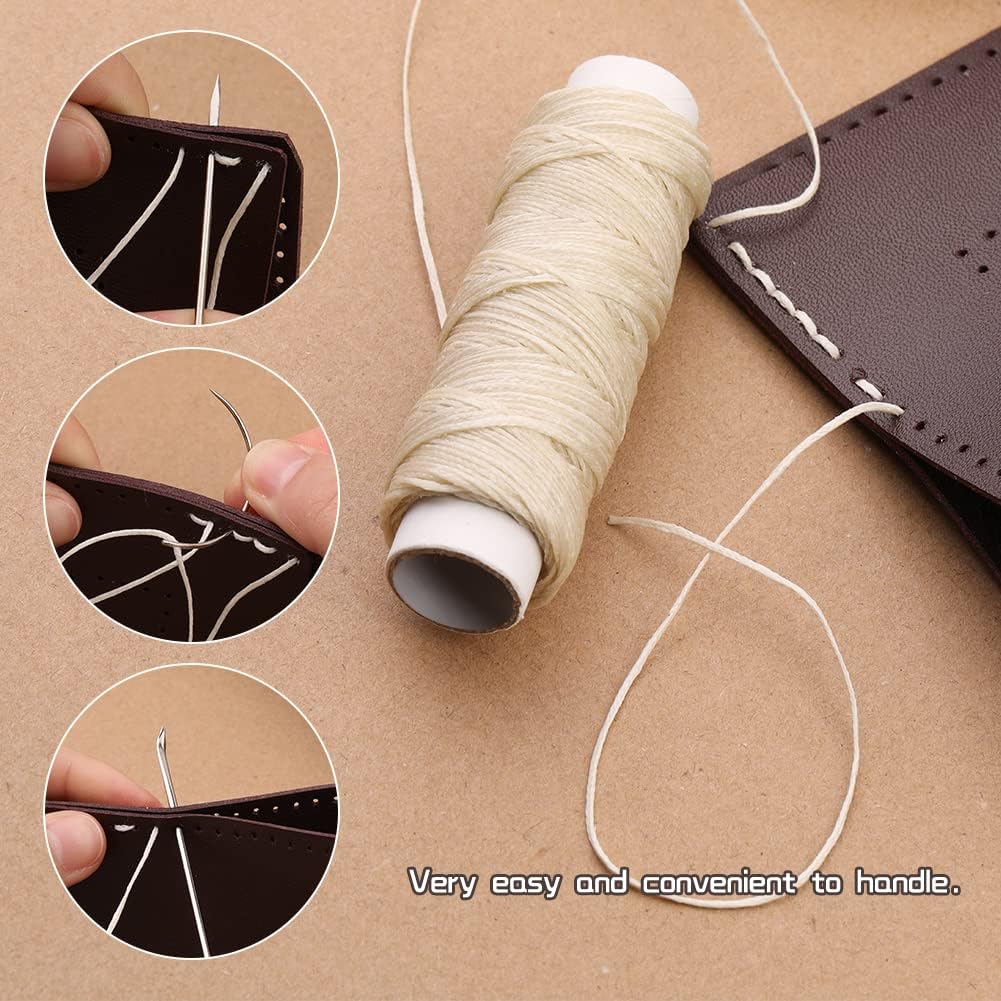 Ftyiwu Waxed Thread with Leather Hand Sewing Needles 32 Yards, 150D Flat Sewing Waxed Thread, and Leather Repair Needles for Home Upholstery Carpet Canvas Repair (Beige)