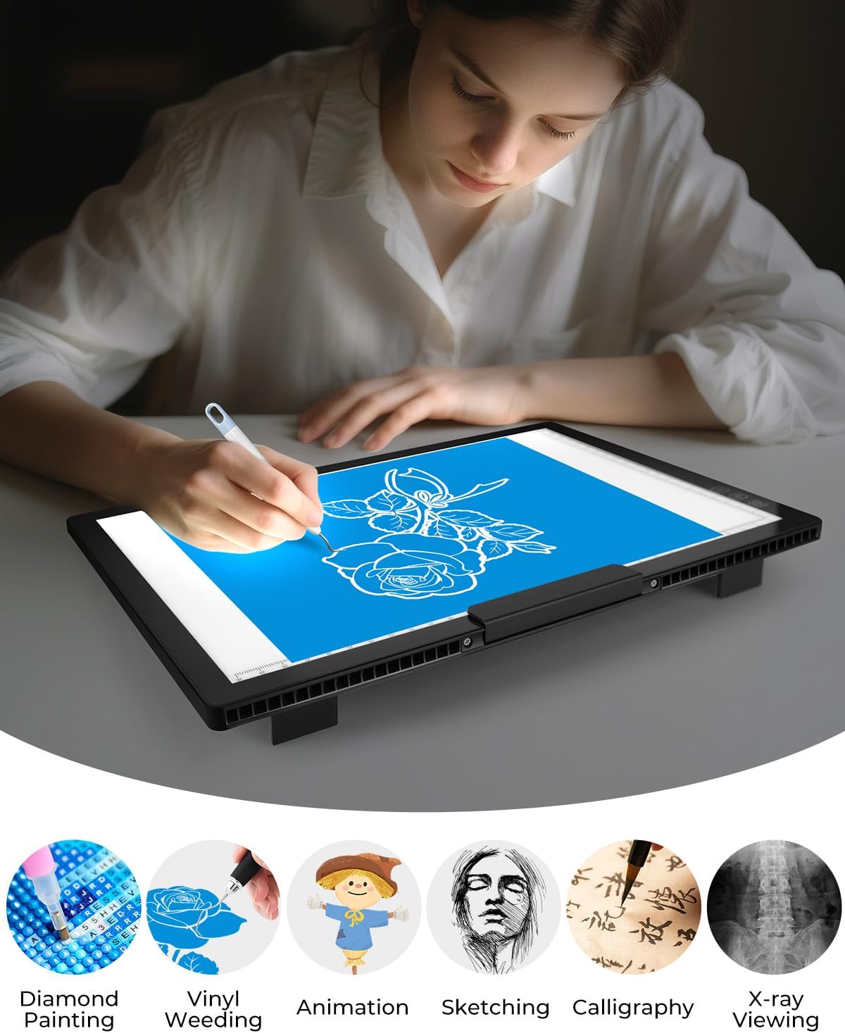 Bylitodt Cordless A4 Light Pad, Diamond Art Light Board with Stand, Lightbox for Tracing and Drawing with 6 Brightness, Tracing Pad for Weeding Vinyl, Sketching, Diamond Painting Accessories
